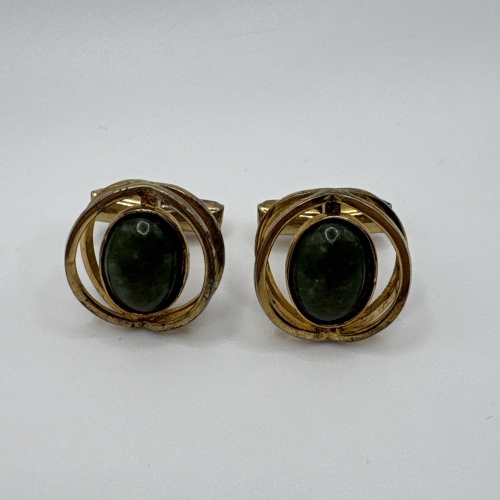 Vintage Sterling Silver T2 Green Cabochon Modernist Cufflinks Gold Wash Mens